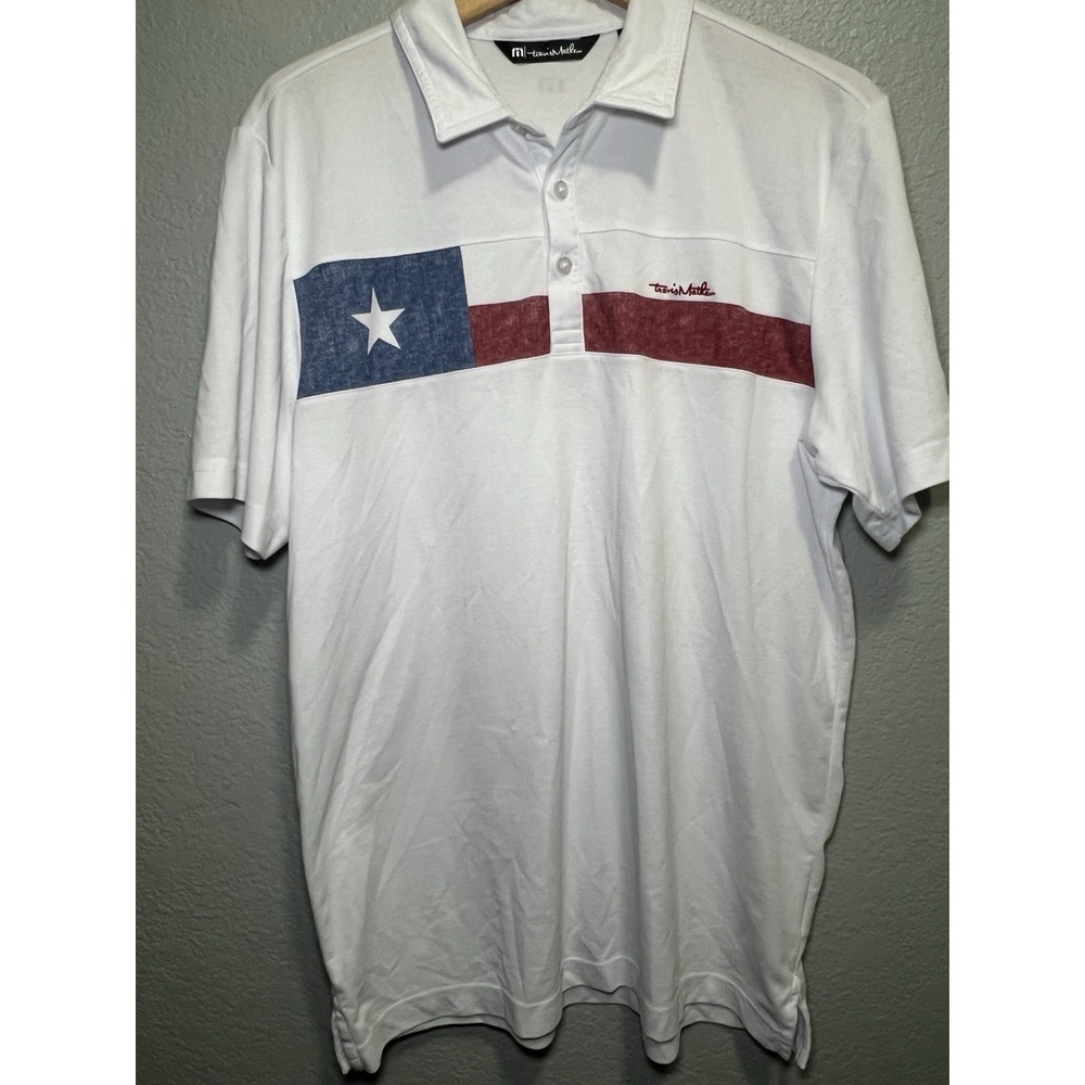 TravisMathew Polo Shirt Mens L White Texas Flag Golf Pima Cotton Gleneagles Logo